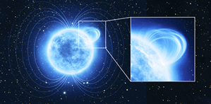 Fig. 2 - Immagine artistica della magnetar SGR 0418+5729. Panoramica e dettaglio sulla regione della magnetar che ha fatto registrare l'intenso campo magnetico (Crediti: Esa-Atg Medialab). 