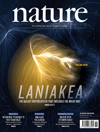 Fig. 2 - copertina della rivista Nature del 4 Settembre 2014 che illustra Laniakea.