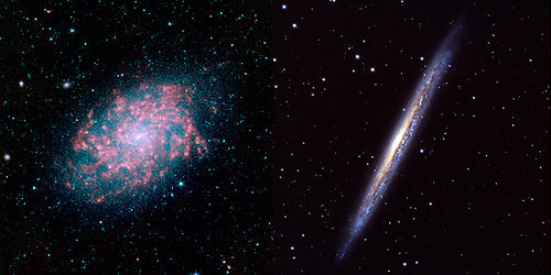 Fig. 3 - A sinistra la galassia NGC 7793 fotografata dallo Spitzer Space Telescope un osservatorio spaziale che osserva nell'infrarosso. A destra la galassia a spirale NGC 5907 fotografata dal telescopio di Mount Lemmon in Arizona. Entrambe contengono una ULX.