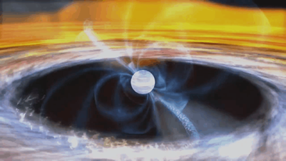 Fig. 4 - In questa immagine artistica si puo' vedere il campo magnetico di una pulsar e il cono ai poli in cui avviene l'emissione di luce. La pulsar si comporta come una sorta di faro cosmico e un osservatore sulla Terra vedra' una sequenza di impulsi di onde radio.
