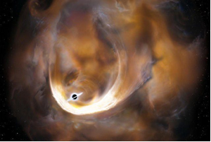 Fig. 1 - rappresentazione artistica del buco nero appena scoperto. Nubi di gas gli orbitano intorno, a grandi velocita'.