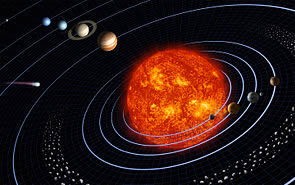 Fig. 3 - Raffigurazione artistica del sistema solare; le dimensioni dei pianeti e le distanze non sono in scala. Da Wikipedia.