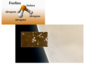 Fig. 3 - La fosfina e' una molecola composta da un atomo di fosforo e da tre atomi di idrogeno. Su Venere e' stata rivelata a latitudini intermedie.