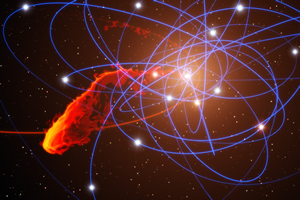 Fig. 3 - Immagine artistica della nube di gas galattica che si sta muovendo verso il buco nero al centro della nostra galassia. In rosso la traiettoria della nube, in blu le orbite delle stelle piu` vicine al centro galattico. In rosso e giallo quello che rimarrebbe della nube di gas dopo esser passata vicino al buco nero. Crediti: APOD 30 dicembre 2011.