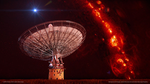 Fig. 2 - Un'immagine del telescopio Parkes accanto a un'immagine che mostra la distribuzione del gas nella nostra galassia. In alto sulla sinistra, ben lontano dal piano galattico, e' rappresentato un lampo radio, la cui sorgente e' localizzata a distanze cosmologiche (Cortesia Swinburne Astronomy Productions)