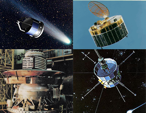 Fig. 2 - L'armata Halley, 6 sonde nate per esaminare la cometa di Halley quando nel 1986 si trovava nello spazio interno del sistema solare. Da sinistra in alto e in ordine di avvicinamento: la sonda Giotto dell'Agenzia Spaziale Europea - destra in alto: le due sonde gemelle giapponesi Suisei e Sakigake - sinistra in basso: le due sonde gemelle sovietiche Vega 1 e Vega 2 - destra in basso: la sonda della NASA International Cometary Explorer (ICE).