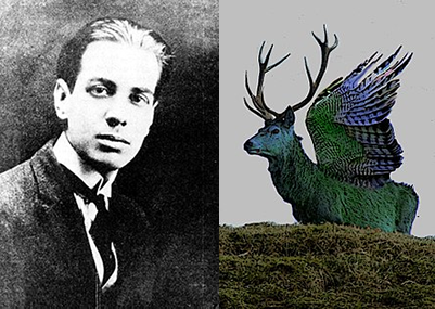 Fig. 3 - A sinistra una foto dello scrittore argentino Jorge Luis Borges a 21 anni - A destra una ricostruzione artistica di un peryton ottenuta tramite fotomontaggio. Sono creature immaginarie descritte da Jorge Luis Borges come abitanti di Atlantide dall'aspetto di grandi uccelli dal piumaggio verde scuro (o azzurro) con la testa di cervo.