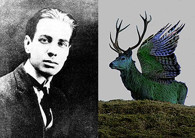 Fig. 3 - A sinistra una foto dello scrittore argentino Jorge Luis Borges a 21 anni -  A destra una ricostruzione artistica di un peryton ottenuta tramite fotomontaggio. Sono creature immaginarie descritte da Jorge Luis Borges come abitanti di Atlantide dall'aspetto di grandi uccelli dal piumaggio verde scuro (o azzurro) con la testa di cervo.