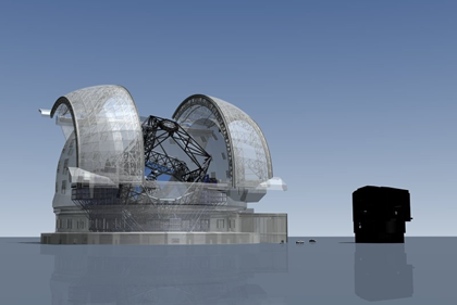 The E-ELT here seen in a scale comparison with one of the VLT domes. ESO's European Extremely Large Telescope (E-ELT) is ranked as one of two top-priority large ground-based projects in the ASTRONET Roadmap for European astronomy, which is backed by the entire European scientific community and supported by the European Commission. The Very Large Telescope (VLT) is a telescope operated by the European Southern Observatory on Cerro Paranal in the Atacama Desert of northern Chile. The VLT consists of four individual telescopes, each with a primary mirror 8.2 m across, which are generally used separately but can be used together to achieve very high angular resolution. Currently the VLT is the most productive ground-based facility for astronomy, with only the Hubble Space Telescope generating more scientific papers among facilities operating at visible wavelengths. The design for the E-ELT shown here was published in 2009 and is preliminary - Crediti ESO.
