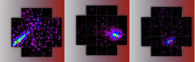 Esempi di diverse impronte prodotte da fotoni o particelle (protoni, muoni, etc.) rivelate dalla camera del telescopio Cherenkov ASTRI-Horn. Crediti: ASTRI.
