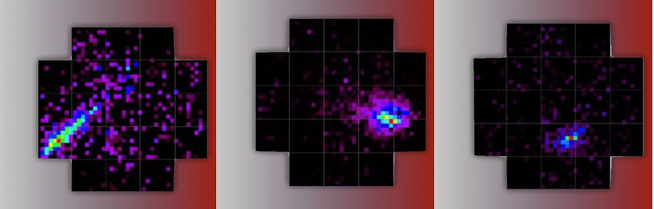 Examples of different patterns/footprints produced by either photons or particles (protons, muons, etc.) revealed by the ASTRI-Horn telescope camera. Credits: ASTRI.