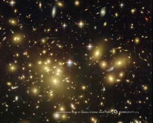 Fig. 3 - Lenti gravitazionali nell’ammasso di galassie Abell 1689. Gli effetti della lente sono dei sottili archi luminosi immagini degli oggetti nascosti dall’ammasso di galassie. Per meglio visualizzarli cliccare sull’immagine per scaricare la versione a risoluzione 1280x1024 (257 KB - image/jpg). Crediti: Hubble Space Telescope - http://hubblesite.org/newscenter/archive/releases/2003/01/image/a
