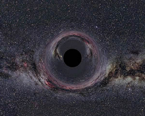 Fig. 4 - Una simulazione di un buco nero di 10 masse solari visto da una distanza di 600km con la Via Lattea come sfondo. Da notare la luce distorta dalla gravità e l’orizzonte degli eventi. Crediti e maggiori informazioni: http://www.spacetimetravel.org/expeditionsl/expeditionsl.html.