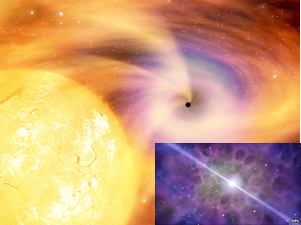 Fig. 2 - Immagine artistica: un buco nero che divora materia da una stella compagna e in basso a destra una stella di neutroni.