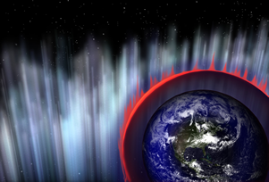Fig. 3 - Immagine artistica dell’onda d’urto che ha investito la Terra con l’atmosfera terrestre che la protegge. Crediti NASA