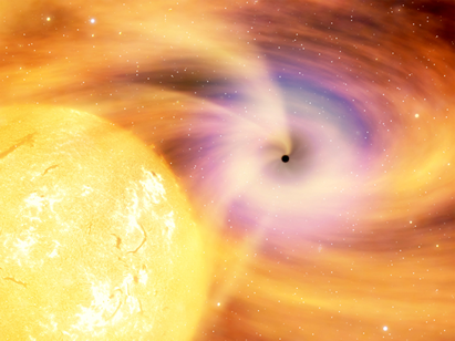 Fig. 1 - Immagine artistica di un buco nero che divora materia da una stella compagna.
