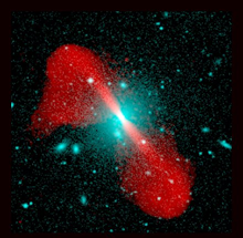 Fig. 2 - La radio galassia 3C296 associata alla galassia ellitica NGC5532. L’immagine è la sovrapposizione di osservazioni ottica (colore blu - mostra la distribuzione delle stelle nella galassia) e radio (colore rosso) ottenuta con il Very Large Array - 27 radio telescopi disposti a formare una "Y" vicino a Socorro in New Mexico. I due getti rossi provengono dal buco nero gigante al centro della galassia. Crediti: NRAO/AUI.