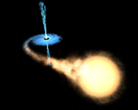 Fig. 3 - Immagine artistica di un buco nero che accresce materia da una stella compagna. Crediti: CfA/NASA.
