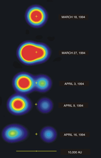 Fig. 4 - Immagine radio del getto di materia che fuoriesce dalla sorgente GRS1915+105 un sistema binario composto da un buco nero con massa 14 volte quella del Sole e una stella compagna. L’immagine mostra l’evoluzione del getto in un mese di osservazione. Crediti: NRAO.  