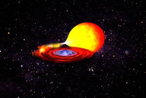 Fig. 2 - Illustrazione della stella di neutroni EXO 0748-676 (l’oggetto blu in centro) e della sua stella compagna che fornisce il carburante per i "burst" termonucleari sulla sua superficie. Crediti: NASA