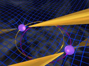 Fig. 4 - Immagine e filmato artistici del sistema delle due pulsar PSR J0737-3039.
(Credit: Animazione INAF).