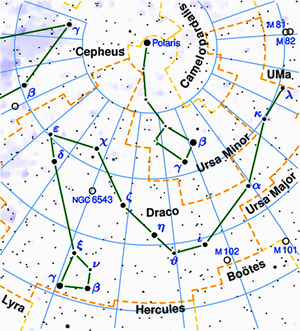 Fig. 1 - La Costellazione del Dragone, dove si trova la sorgente misteriosa. Si trova vicino all’Orsa Minore, quindi e’ ben visibile dal nostro emisfero.