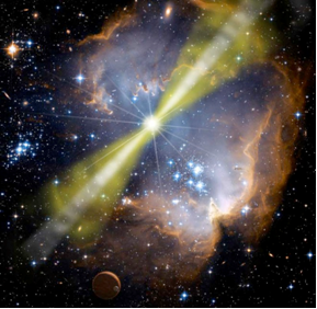 Fig. 1 - Rappresentazione artistica di un Gamma Ray Burst. Dal nucleo centrale di una stella che sta per collassare nascono due getti in direzioni opposte, che producono una quantita� prodigiosa di energia sottoforma di raggi X e di raggi gamma.