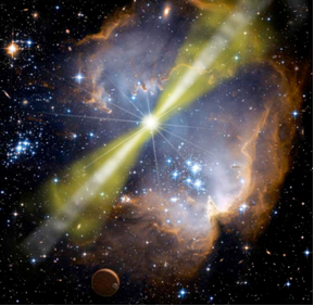 Fig. 1 - Rappresentazione artistica di un Gamma Ray Burst. Dal nucleo centrale di una stella che sta per collassare nascono due getti in direzioni opposte, che producono una quantita’ prodigiosa di energia sottoforma di raggi X e di raggi gamma.