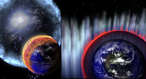 Fig. 3 - A sinistra: la Terra sta per essere investita dalla radiazione di un Gamma Ray Burst scoppiato nella nostra Galassia. A destra: La Terra e� stata investita, e comincia la distruzione dell�ozono (zona rossa) da parte dell�ossido di azoto.