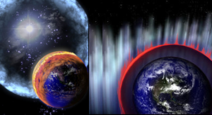Fig. 3 - A sinistra: la Terra sta per essere investita dalla radiazione di un Gamma Ray Burst scoppiato nella nostra Galassia. A destra: La Terra e’ stata investita, e comincia la distruzione dell’ozono (zona rossa) da parte dell’ossido di azoto.