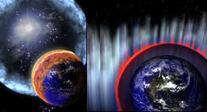 Fig. 3 - A sinistra: la Terra sta per essere investita dalla radiazione di un Gamma Ray Burst scoppiato nella nostra Galassia. A destra: La Terra e stata investita, e comincia la distruzione dellozono (zona rossa) da parte dellossido di azoto.