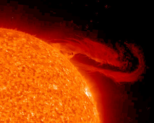 Fig. 3 - Un'eruzione solare catturata dal satellite STEREO il 29 settembre del 2008. Le dimensioni delle eruzioni solari sono di parecchie volte il diametro terrestre. Crediti: STEREO Project, NASA - APOD del 4 ottobre 2008 