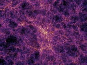 Fig. 5 - La distribuzione di materia nell’Universo come risulta da simulazioni al computer. Le zone piu’ chiare indicano gli addensamenti di materia.
