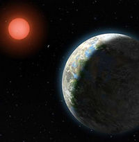 Fig. 1 - Una ricostruzione artistica del sistema Gliese 581 e il pianeta gemello della Terra, per ora chiamato Gliese 581g. Notate il colore rosso della stella, più piccola e un poco più fredda del nostro Sole. Il sistema si trova a 20 anni luce dalla Terra.