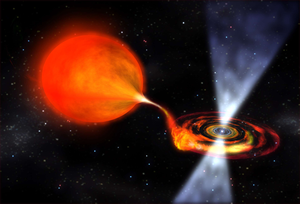 Fig. 2 - Rappresentazione pittorica di un sistema binario con una stella gigante rossa alla quale una stella di neutroni compagna strappa materia dagli strati superficiali. Questa materia, spiraleggiando intorno alla stella collassata, la accellera - crediti: ESA.