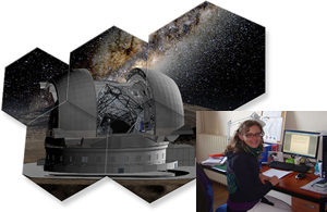Fig. 2 - A sinistra: immagine artistica del progetto E-ELT - European Extremely Large Telescope - (telescopio ottico-infrarosso di 42 metri di diametro) dell’ESO. Crediti ESO. A destra Laura Proserpio una dottoranda dell’OAB al lavoro al computer.