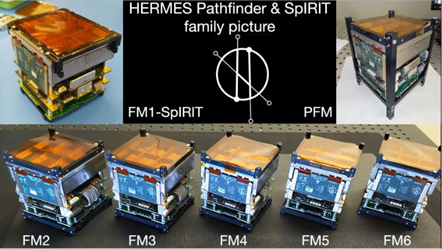 6 moduli HERMES (da in alto a destra e nella fila in basso) e il modulo montato a bordo della missione SpIRIT (in alto a sinistra) - Crediti HERMES.