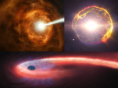 Immagini artistiche di alcuni oggetti di studio dello spettrografo SOXS - Da sinistra in alto: Lampo di Raggi Gamma (GRB), esplosione di supernova, e in basso un evento di distruzione mareale.