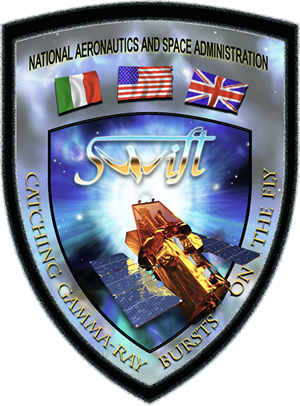 The Swift mission patch depicts both the spacecraft and the bird for which it was named. The observatory is named after a small, nimble bird that can grab up insects as it flies through the sky. Similarly, the observatory can swiftly turn and point its instruments to catch a gamma-ray burst 'on the fly' to study both the burst and its afterglow. This afterglow phenomenon follows the initial gamma-ray flash in most bursts and it can linger in X-ray light, visible light and radio waves for hours or weeks, providing great detail for observations. Credits: NASA E/PO, Sonoma State University/Aurore Simonnet.