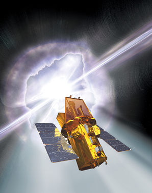 Immagine pittorica del satellite Swift con sullo sfondo un lampo di raggi gamma (Crediti NASA).