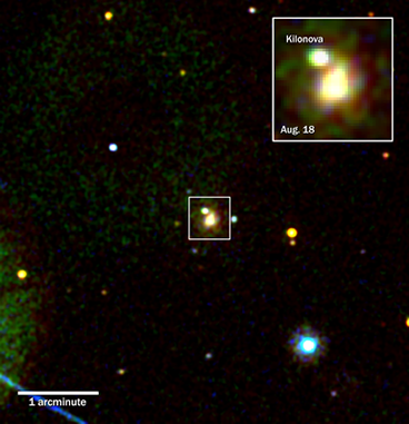 Swifts Ultraviolet/Optical Telescope imaged the kilonova produced by merging neutron stars in the galaxy NGC 4993 (box) on Aug. 18, 2017, about 15 hours after gravitational waves and the gamma-ray burst were detected. The source was unexpectedly bright in ultraviolet light. It faded rapidly and was undetectable in UV when Swift looked again on Aug. 29. This false-color composite combines images taken through three ultraviolet filters. Inset: Magnified views of the galaxy.
Credits: NASA/Swift