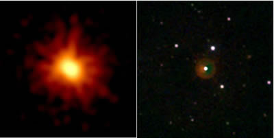 A sinistra il lampo di raggi gamma registrato dal satellite Swift; a destra il lampo di raggi gamma registrato dal telescopio ottico TORTORA.